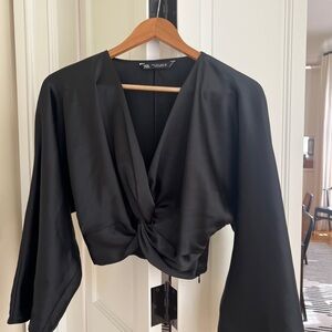 Zara Black Satin Blouse with Knot Detail